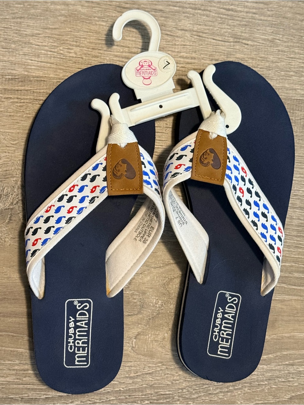 Chubby Mermaids Manatees Love Heart Flip Flops Red, Blue and White Patriotic